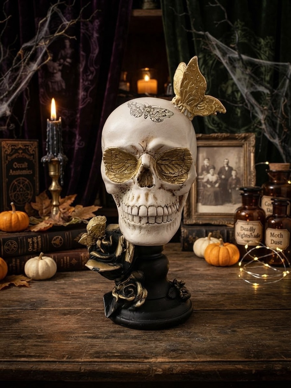 Decorative White and Gold Skull Statue with Butterfly Accent - Brand